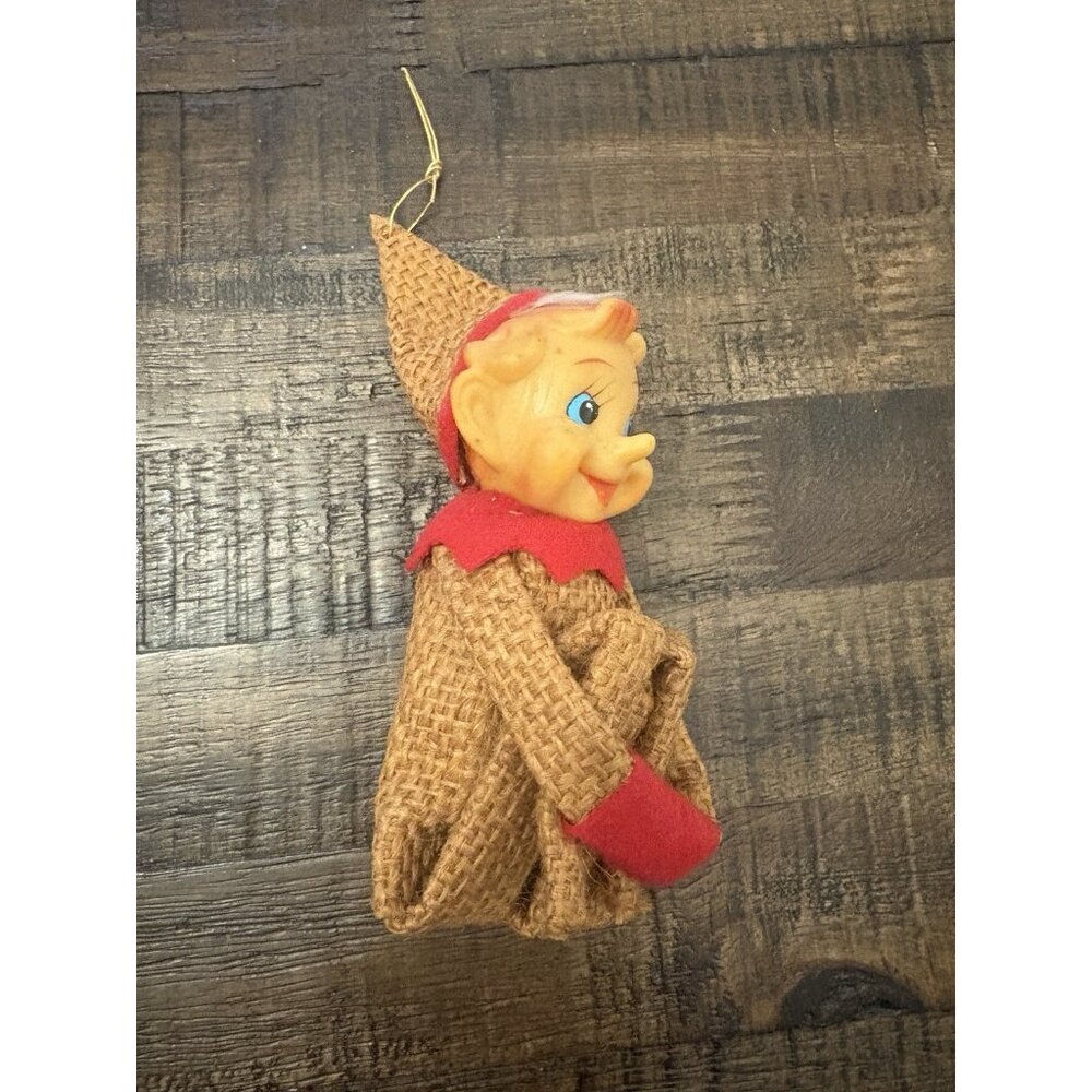 Vintage 1970s Burlap Pixie Knee Hugger Elf Japan Christmas Decor Ornament